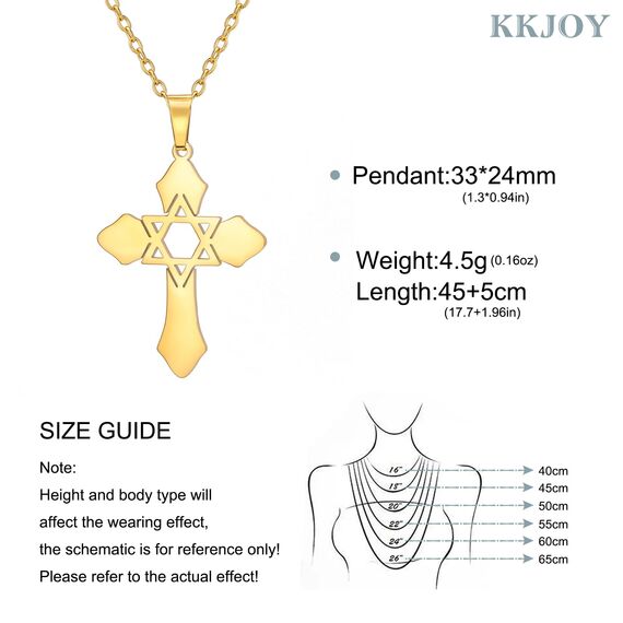 kkjoy Kreuz mit Davidstern Anhänger Halskette Ohrringe Schlüsselanhänger Edelstahl Hexagramm am Kreuz Gebetsamulett Schmuck für Frauen Männer (Halskette A (1mm Kreuzkette, 45+5cm)-Gold)