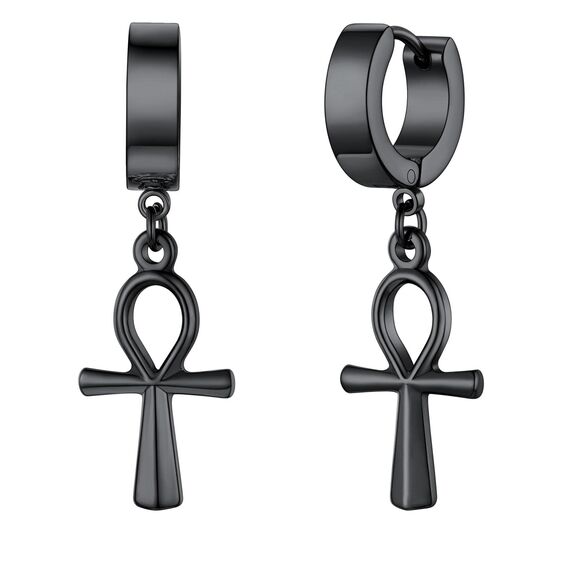 U7 Klappcroelen mit Ankh-Kreuz Anhänger schwarz Edelstahl Kleine Creolen Ohrringe Gotik Biker Punk Rock Huggie Kreolen Modeschmuck Accessoire