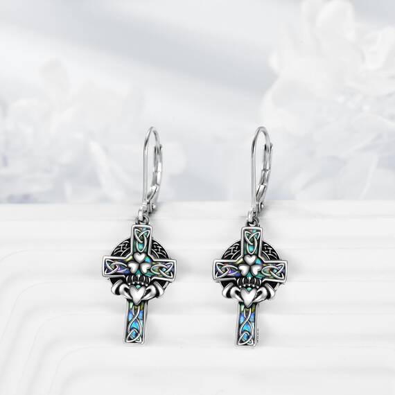 YFN Keltische Kreuz Ohrringe Sterling Silber Claddagh Ohrringe Abalone Schale Baumeln Tropfen Ohrhänger Schmuck Geschenke für Damen Herren