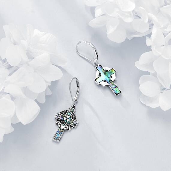 YFN Keltische Kreuz Ohrringe Sterling Silber Claddagh Ohrringe Abalone Schale Baumeln Tropfen Ohrhänger Schmuck Geschenke für Damen Herren