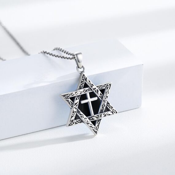 ABIGY Onyx Davidstern Halskette 925 Sterling Silber Davidstern Kette Kreuz Onyx Anhänger Hexagramm Halskette Jüdisches Amulett Schmuck Geeignet für Männer Damen Geschenke