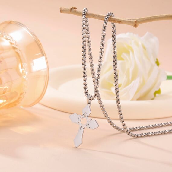 kkjoy Kreuz mit Davidstern Anhänger Halskette Ohrringe Schlüsselanhänger Edelstahl Hexagramm am Kreuz Gebetsamulett Schmuck für Frauen Männer (Halskette C (Kastenkette, 60cm)-Silber)