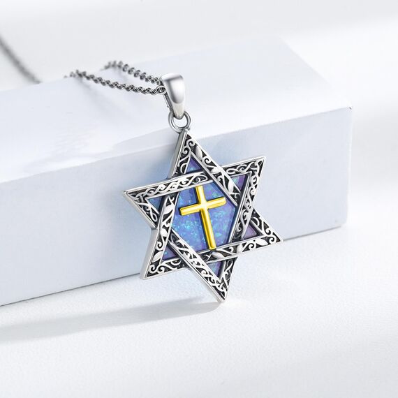 ABIGY Davidstern Kette mit Kreuz 925 Sterling Silber Opal Anhänger Hexagramm Davidstern Kette Jüdischen Hexagramm Amulett Schmuck Geschenke für Damen Männer