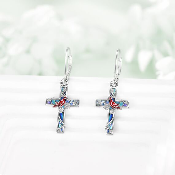 YFN Kardinalkreuz Ohrringe für Damen 925 Sterling Silber Abalone-Muschelkreuz Ohrringe Hängend Kardinal Ohrringes Tropfen Schmuck Geschenk für Damen