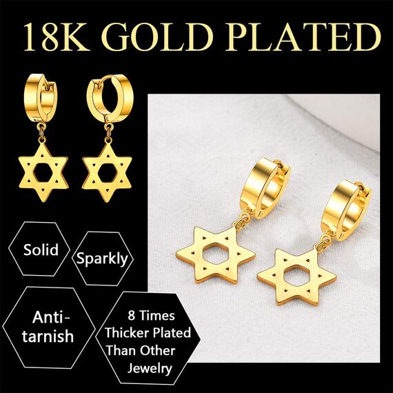 U7 Klappcroelen mit Davidstern Anhänger 18k vergoldet Kleine Creolen Ohrringe Gotik Biker Punk Rock Huggie Kreolen Modeschmuck Accessoire