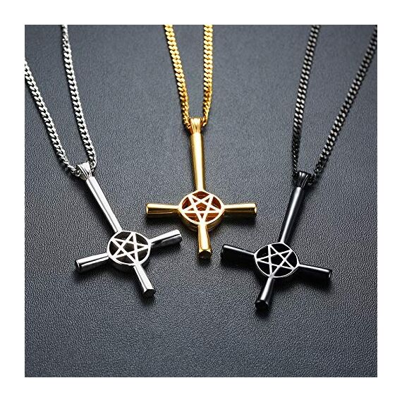 XUANPAI 3 Stücke Männer Edelstahl Christian Satanic Anhänger Gothic Inverted Kreuz Pentagramm Pentagramm Auf Den Kopf Halskette