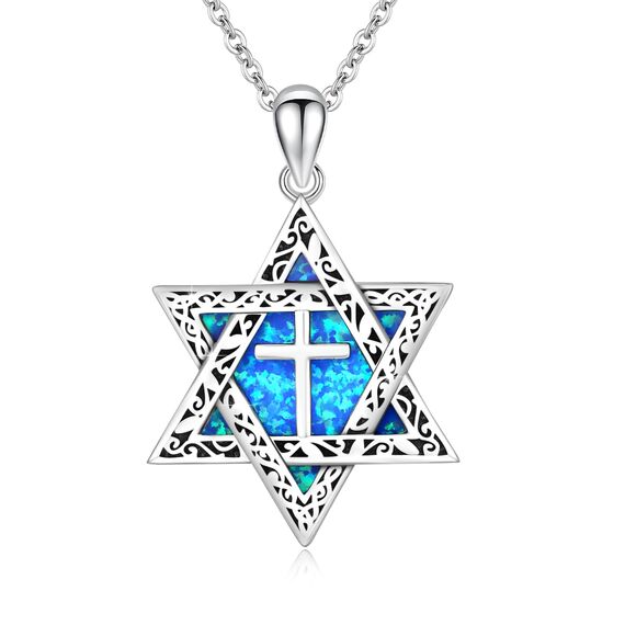 ABIGY Davidstern Kette 925 Sterling Silber Halskette mit Kreuz Opal Anhänger Hexagramm Davidstern Kette Jüdischen Hexagramm Amulett Schmuck Geschenke für Männer Damen