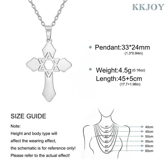 kkjoy Kreuz mit Davidstern Anhänger Halskette Ohrringe Schlüsselanhänger Edelstahl Hexagramm am Kreuz Gebetsamulett Schmuck für Frauen Männer (Halskette A (1mm Kreuzkette, 45+5cm)-Silber)