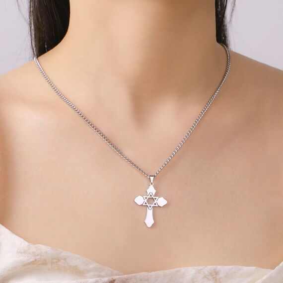 kkjoy Kreuz mit Davidstern Anhänger Halskette Ohrringe Schlüsselanhänger Edelstahl Hexagramm am Kreuz Gebetsamulett Schmuck für Frauen Männer (Halskette B (3mm Kreuzkette, 45+5cm)-Silber)