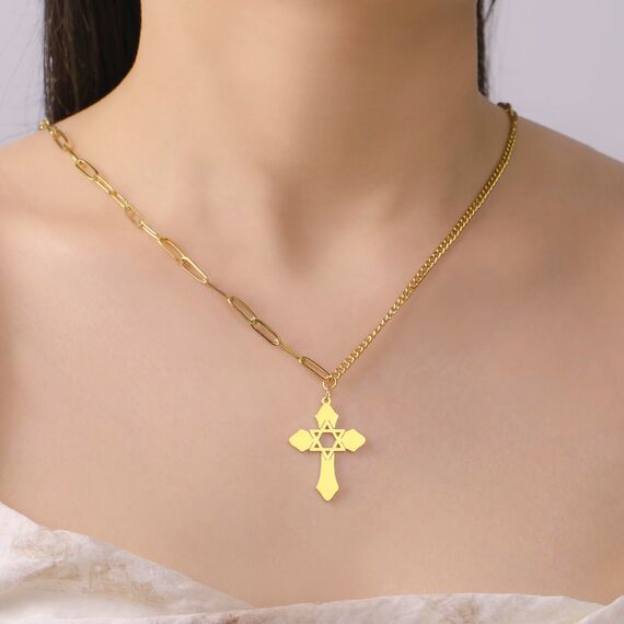 kkjoy Kreuz mit Davidstern Anhänger Halskette Ohrringe Schlüsselanhänger Edelstahl Hexagramm am Kreuz Gebetsamulett Schmuck für Frauen Männer (Halskette D (Kombinierte Kette, 50+5cm)-Gold)