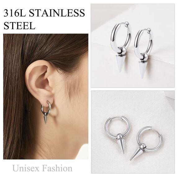 U7 Punk Creolen Ohrringe für Männer Frauen Hip-Hop Klappcreolen mit Kegel Anhänger Edelstahl Kleine Huggie Kreolen Modeschmuck Accessoire