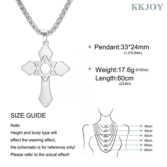 kkjoy Kreuz mit Davidstern Anhänger Halskette Ohrringe Schlüsselanhänger Edelstahl Hexagramm am Kreuz Gebetsamulett Schmuck für Frauen Männer (Halskette C (Kastenkette, 60cm)-Silber)
