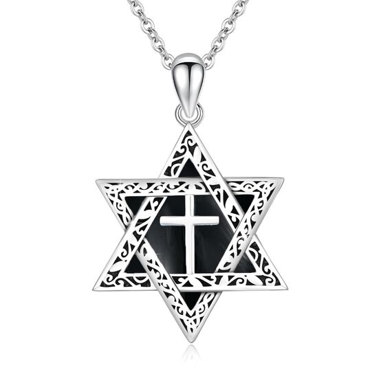 ABIGY Onyx Davidstern Halskette 925 Sterling Silber Davidstern Kette Kreuz Onyx Anhänger Hexagramm Halskette Jüdisches Amulett Schmuck Geeignet für Männer Damen Geschenke