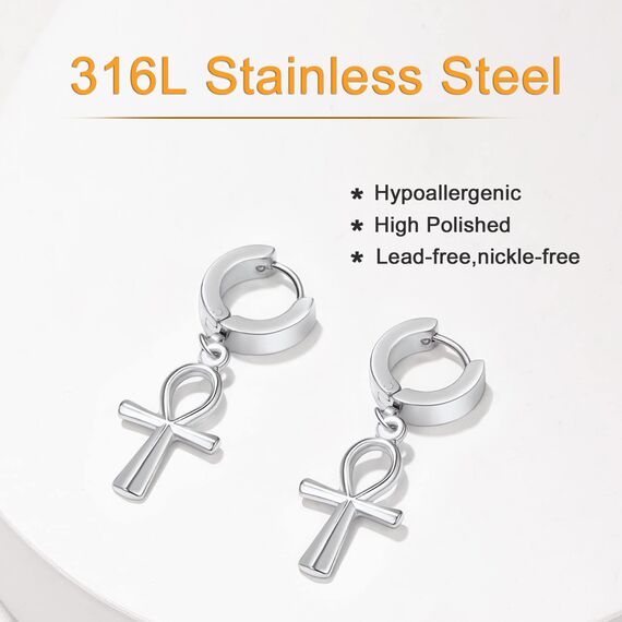 U7 Kleine Creolen mit Ankh-Kreuz Anhänger Edelstahl Biker Gotik Hängeohrringe Punk Rock Huggie Kreolen Hoop Earrings Modeschmuck für Männer Frauen