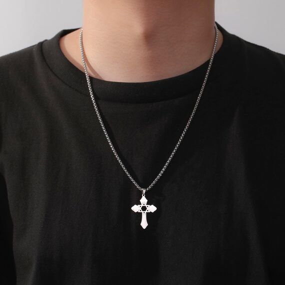 kkjoy Kreuz mit Davidstern Anhänger Halskette Ohrringe Schlüsselanhänger Edelstahl Hexagramm am Kreuz Gebetsamulett Schmuck für Frauen Männer (Halskette C (Kastenkette, 60cm)-Silber)