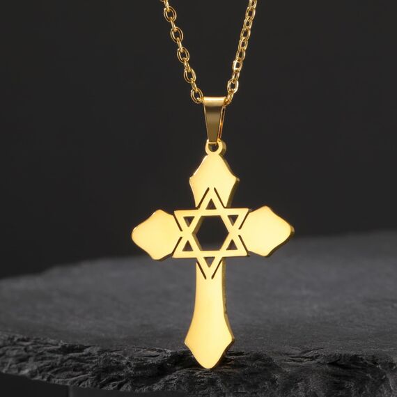 kkjoy Kreuz mit Davidstern Anhänger Halskette Ohrringe Schlüsselanhänger Edelstahl Hexagramm am Kreuz Gebetsamulett Schmuck für Frauen Männer (Halskette A (1mm Kreuzkette, 45+5cm)-Gold)