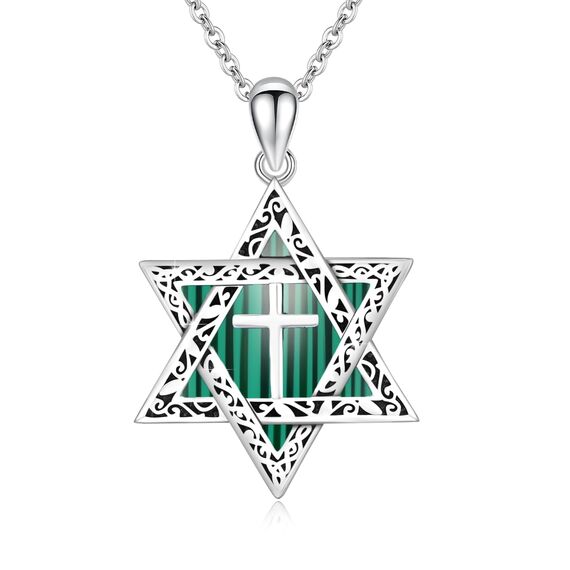ABIGY Davidstern Halskette 925 Sterling Silber Malachit Davidstern Kette Malachit Anhänger mit Kreuz Hexagramm Halskette Jüdischer Schmuck Amulett Schmuck Männer Damen Geschenke