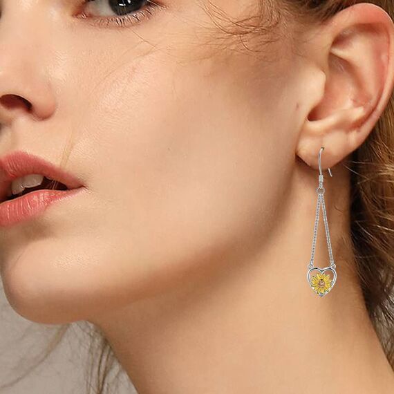 Sonnenblumen Ohrringe, 925er Sterling Silber Sonnenblumen-Tropenohrringe für Frauen Sonnenblumen Herz Ohrringe Sonnenblumen Schmuck Geschenk für Geburtstag Weihnachten