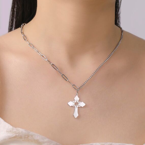 kkjoy Kreuz mit Davidstern Anhänger Halskette Ohrringe Schlüsselanhänger Edelstahl Hexagramm am Kreuz Gebetsamulett Schmuck für Frauen Männer (Halskette D (Kombinierte Kette, 50+5cm)-Silber)