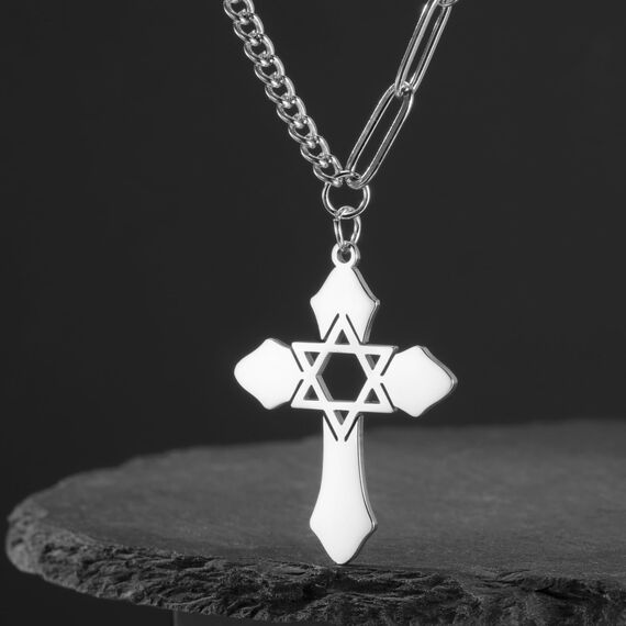 kkjoy Kreuz mit Davidstern Anhänger Halskette Ohrringe Schlüsselanhänger Edelstahl Hexagramm am Kreuz Gebetsamulett Schmuck für Frauen Männer (Halskette D (Kombinierte Kette, 50+5cm)-Silber)