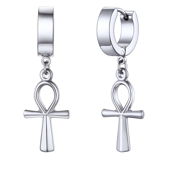 U7 Kleine Creolen mit Ankh-Kreuz Anhänger Edelstahl Biker Gotik Hängeohrringe Punk Rock Huggie Kreolen Hoop Earrings Modeschmuck für Männer Frauen