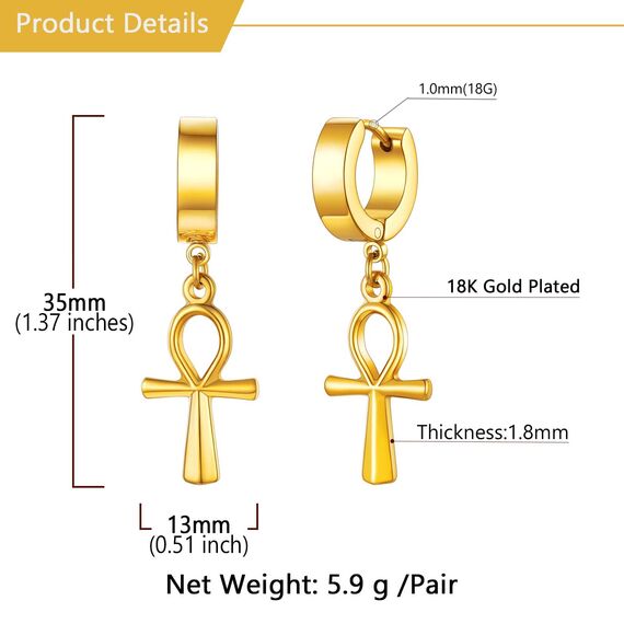 U7 Punk Creolen Ohrringe für Männer Frauen Hip-Hop Klappcreolen mit Ankh-Kreuz Anhänger 18k vergoldet Kleine Huggie Kreolen Modeschmuck Accessoire