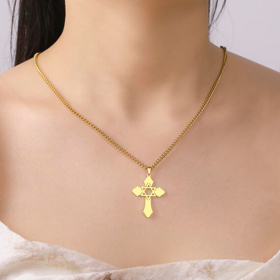 kkjoy Kreuz mit Davidstern Anhänger Halskette Ohrringe Schlüsselanhänger Edelstahl Hexagramm am Kreuz Gebetsamulett Schmuck für Frauen Männer