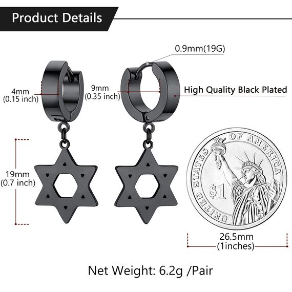 U7 Punk Creolen Ohrringe für Männer Frauen Hip-Hop Klappcreolen mit Davidstern Anhänger Schwarz Kleine Huggie Kreolen Modeschmuck Accessoire