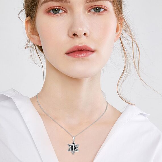 ABIGY Onyx Davidstern Halskette 925 Sterling Silber Davidstern Kette Kreuz Onyx Anhänger Hexagramm Halskette Jüdisches Amulett Schmuck Geeignet für Männer Damen Geschenke