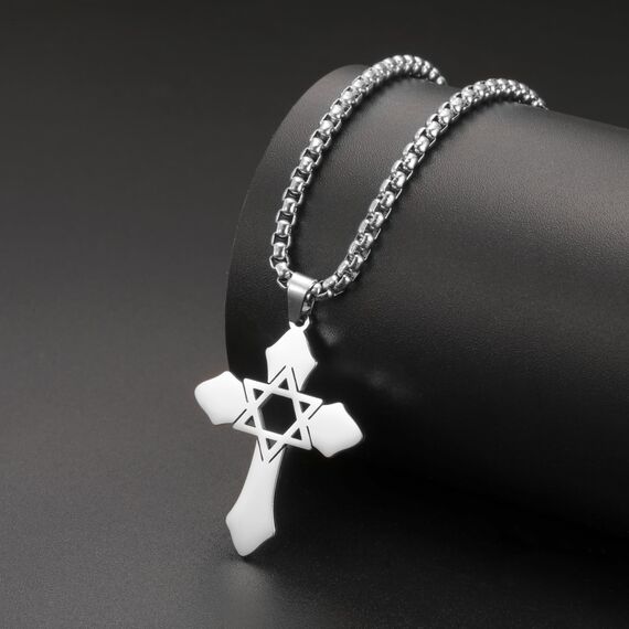 kkjoy Kreuz mit Davidstern Anhänger Halskette Ohrringe Schlüsselanhänger Edelstahl Hexagramm am Kreuz Gebetsamulett Schmuck für Frauen Männer (Halskette C (Kastenkette, 60cm)-Silber)
