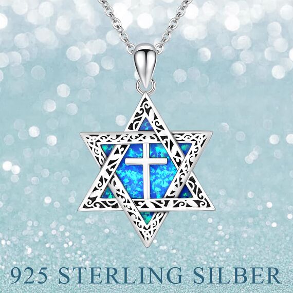 ABIGY Davidstern Kette 925 Sterling Silber Halskette mit Kreuz Opal Anhänger Hexagramm Davidstern Kette Jüdischen Hexagramm Amulett Schmuck Geschenke für Männer Damen