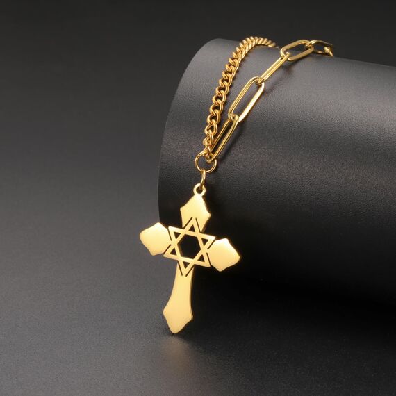 kkjoy Kreuz mit Davidstern Anhänger Halskette Ohrringe Schlüsselanhänger Edelstahl Hexagramm am Kreuz Gebetsamulett Schmuck für Frauen Männer (Halskette D (Kombinierte Kette, 50+5cm)-Gold)
