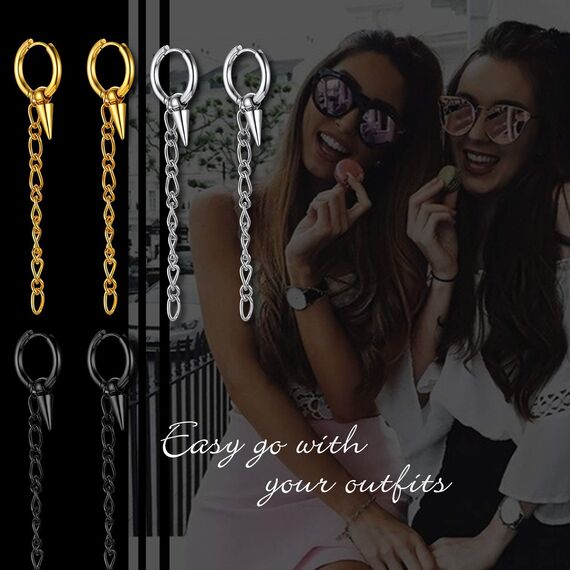 U7 Punk Creolen Ohrringe für Männer Frauen Hip-Hop Klappcreolen mit Baumeln Kette Anhänger 18k vergoldet Kleine Huggie Kreolen Modeschmuck Accessoire