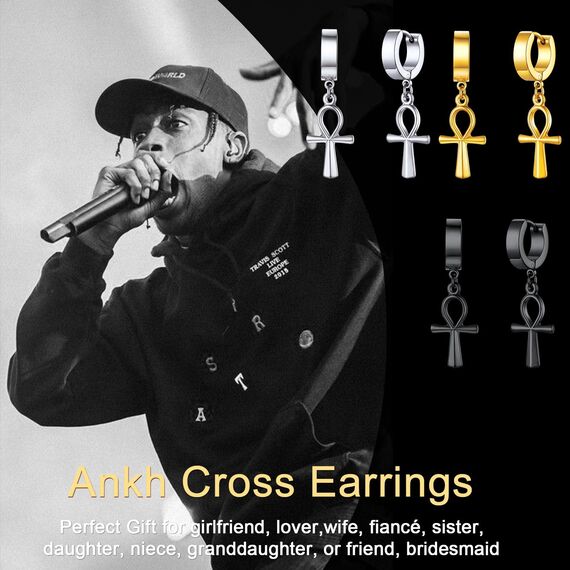 U7 Klappcroelen mit Ankh-Kreuz Anhänger schwarz Edelstahl Kleine Creolen Ohrringe Gotik Biker Punk Rock Huggie Kreolen Modeschmuck Accessoire