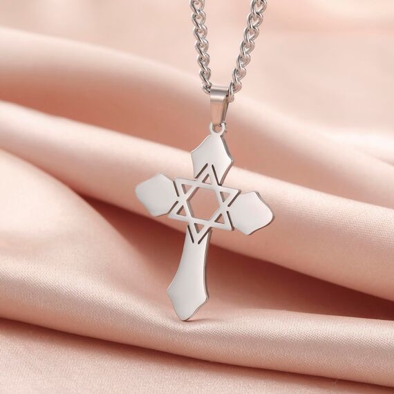 kkjoy Kreuz mit Davidstern Anhänger Halskette Ohrringe Schlüsselanhänger Edelstahl Hexagramm am Kreuz Gebetsamulett Schmuck für Frauen Männer (Halskette B (3mm Kreuzkette, 45+5cm)-Silber)