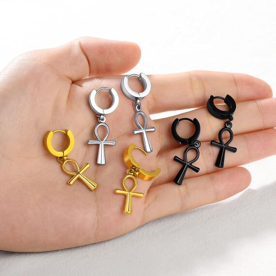 U7 Kleine Creolen mit Ankh-Kreuz Anhänger Edelstahl Biker Gotik Hängeohrringe Punk Rock Huggie Kreolen Hoop Earrings Modeschmuck für Männer Frauen