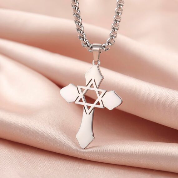 kkjoy Kreuz mit Davidstern Anhänger Halskette Ohrringe Schlüsselanhänger Edelstahl Hexagramm am Kreuz Gebetsamulett Schmuck für Frauen Männer (Halskette C (Kastenkette, 60cm)-Silber)