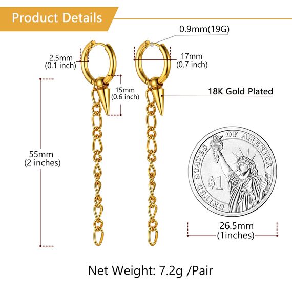 U7 Punk Creolen Ohrringe für Männer Frauen Hip-Hop Klappcreolen mit Baumeln Kette Anhänger 18k vergoldet Kleine Huggie Kreolen Modeschmuck Accessoire