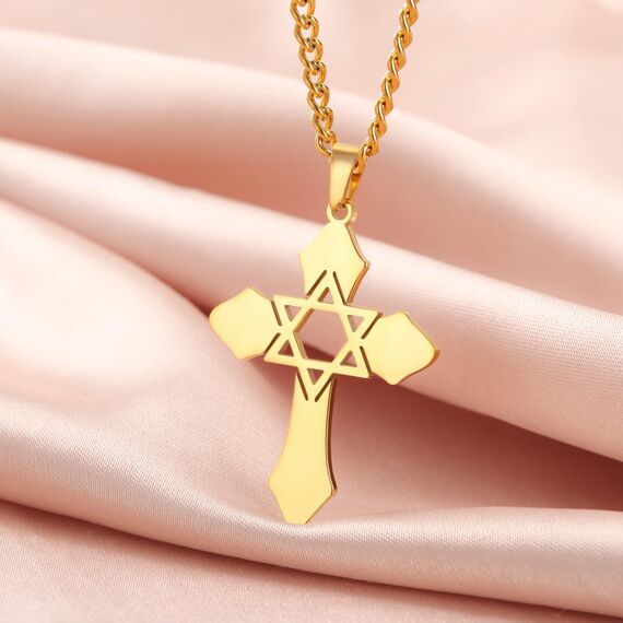 kkjoy Kreuz mit Davidstern Anhänger Halskette Ohrringe Schlüsselanhänger Edelstahl Hexagramm am Kreuz Gebetsamulett Schmuck für Frauen Männer