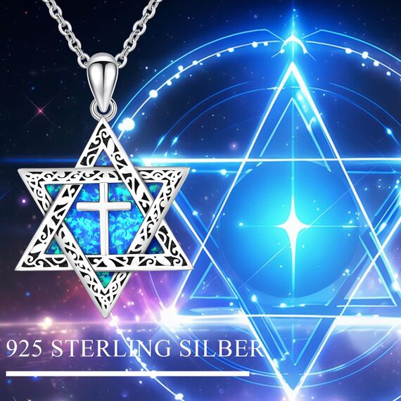 ABIGY Davidstern Kette 925 Sterling Silber Halskette mit Kreuz Opal Anhänger Hexagramm Davidstern Kette Jüdischen Hexagramm Amulett Schmuck Geschenke für Männer Damen