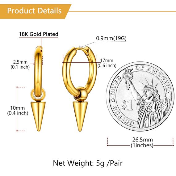 U7 Klappcroelen mit Kegel Anhänger 18k vergoldet Kleine Creolen Ohrringe Gotik Biker Punk Rock Huggie Kreolen Modeschmuck Accessoire