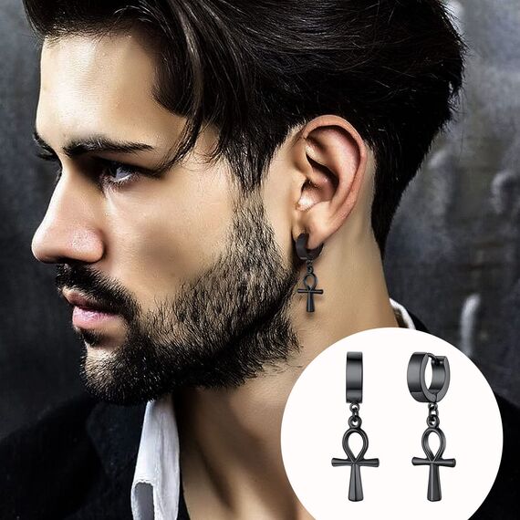 U7 Klappcroelen mit Ankh-Kreuz Anhänger schwarz Edelstahl Kleine Creolen Ohrringe Gotik Biker Punk Rock Huggie Kreolen Modeschmuck Accessoire