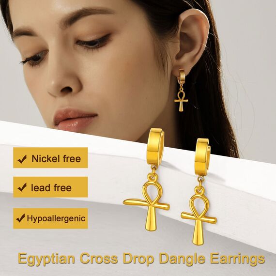 U7 Punk Creolen Ohrringe für Männer Frauen Hip-Hop Klappcreolen mit Ankh-Kreuz Anhänger 18k vergoldet Kleine Huggie Kreolen Modeschmuck Accessoire