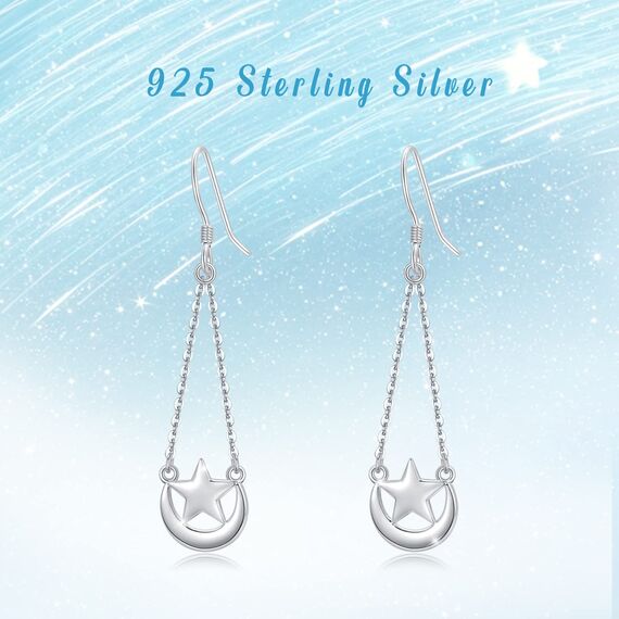Mond Stern Ohrringe für Frauen, 925er Sterling Silber Halbmond Stern Tropfen Ohrringe Hypoallergen Mondhaken Ohrring Schmuck Geschenk für Geburtstag Grabschluss