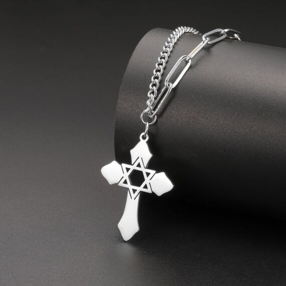kkjoy Kreuz mit Davidstern Anhänger Halskette Ohrringe Schlüsselanhänger Edelstahl Hexagramm am Kreuz Gebetsamulett Schmuck für Frauen Männer (Halskette D (Kombinierte Kette, 50+5cm)-Silber)