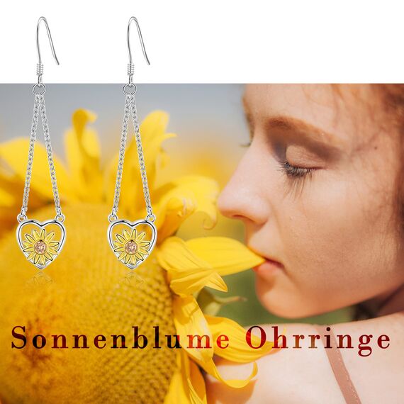 Sonnenblumen Ohrringe, 925er Sterling Silber Sonnenblumen-Tropenohrringe für Frauen Sonnenblumen Herz Ohrringe Sonnenblumen Schmuck Geschenk für Geburtstag Weihnachten