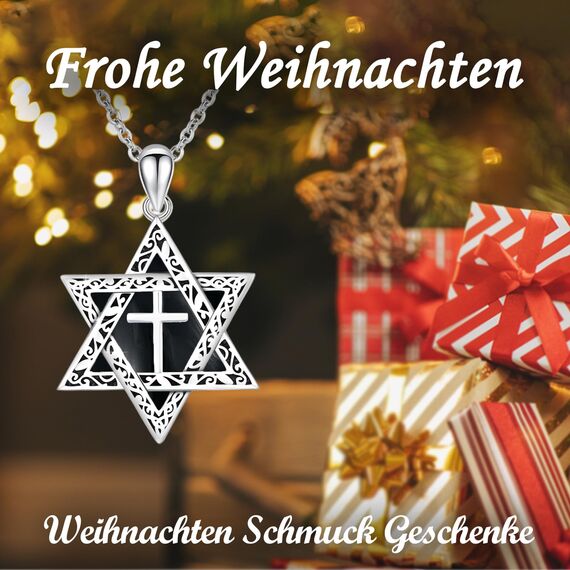 ABIGY Onyx Davidstern Halskette 925 Sterling Silber Davidstern Kette Kreuz Onyx Anhänger Hexagramm Halskette Jüdisches Amulett Schmuck Geeignet für Männer Damen Geschenke