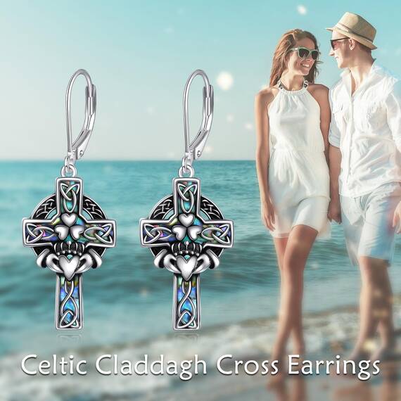 YFN Keltische Kreuz Ohrringe Sterling Silber Claddagh Ohrringe Abalone Schale Baumeln Tropfen Ohrhänger Schmuck Geschenke für Damen Herren