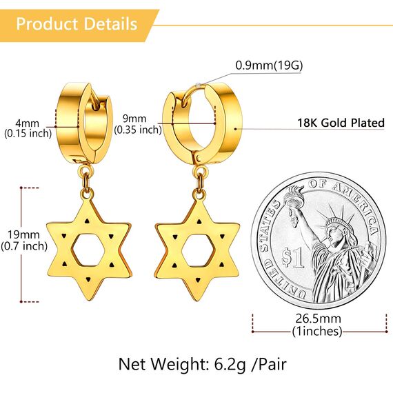 U7 Klappcroelen mit Davidstern Anhänger 18k vergoldet Kleine Creolen Ohrringe Gotik Biker Punk Rock Huggie Kreolen Modeschmuck Accessoire