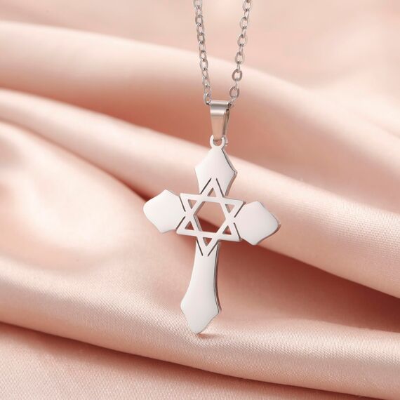 kkjoy Kreuz mit Davidstern Anhänger Halskette Ohrringe Schlüsselanhänger Edelstahl Hexagramm am Kreuz Gebetsamulett Schmuck für Frauen Männer (Halskette A (1mm Kreuzkette, 45+5cm)-Silber)